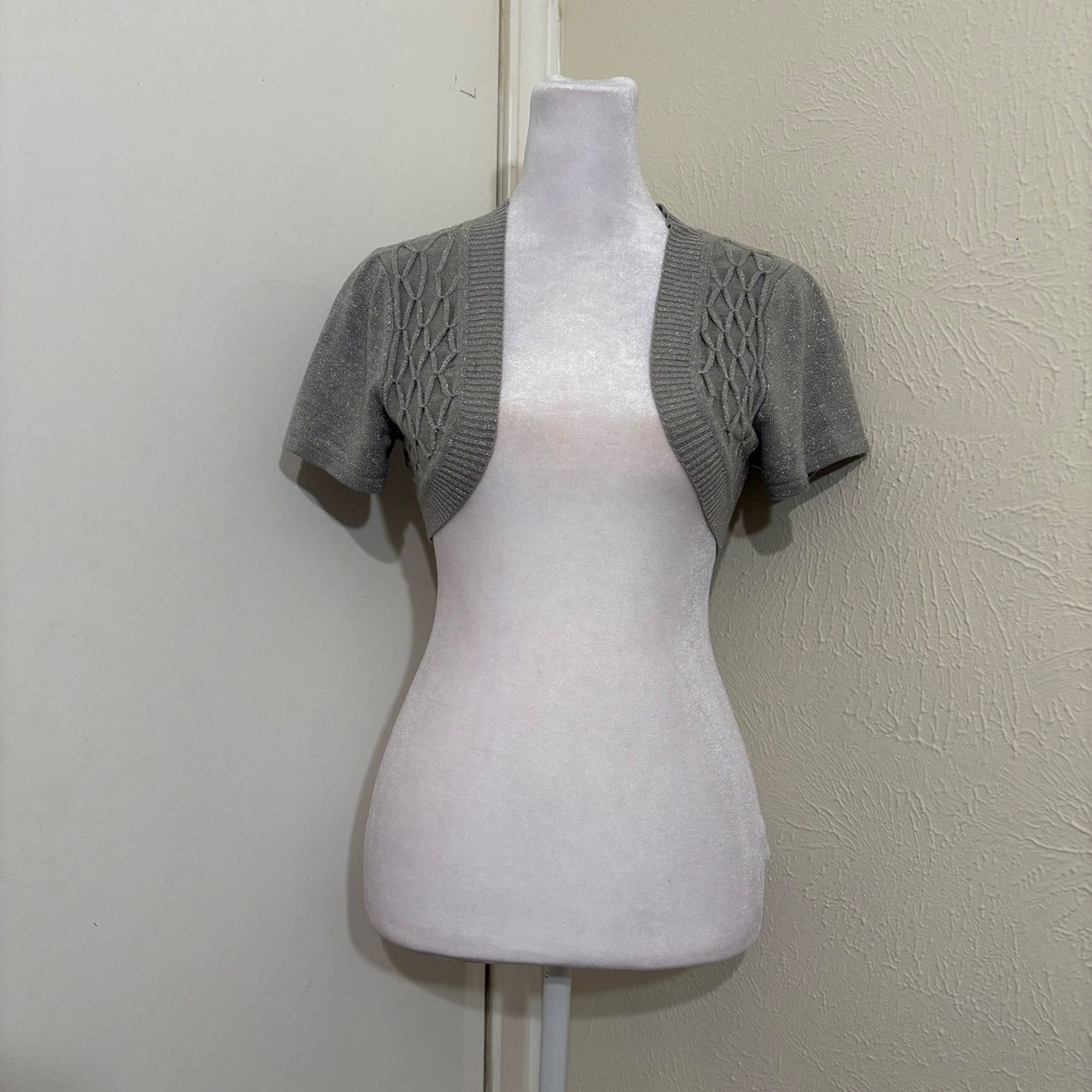 Vintage Y2K Silver Metallic Cropped Shrug Bolero Short Sleeve Cardigan M